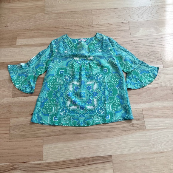 Calypso Christiane Celle XS Green Blue Paisley 100% Silk Blouse Bell Sleeve - Picture 2 of 8